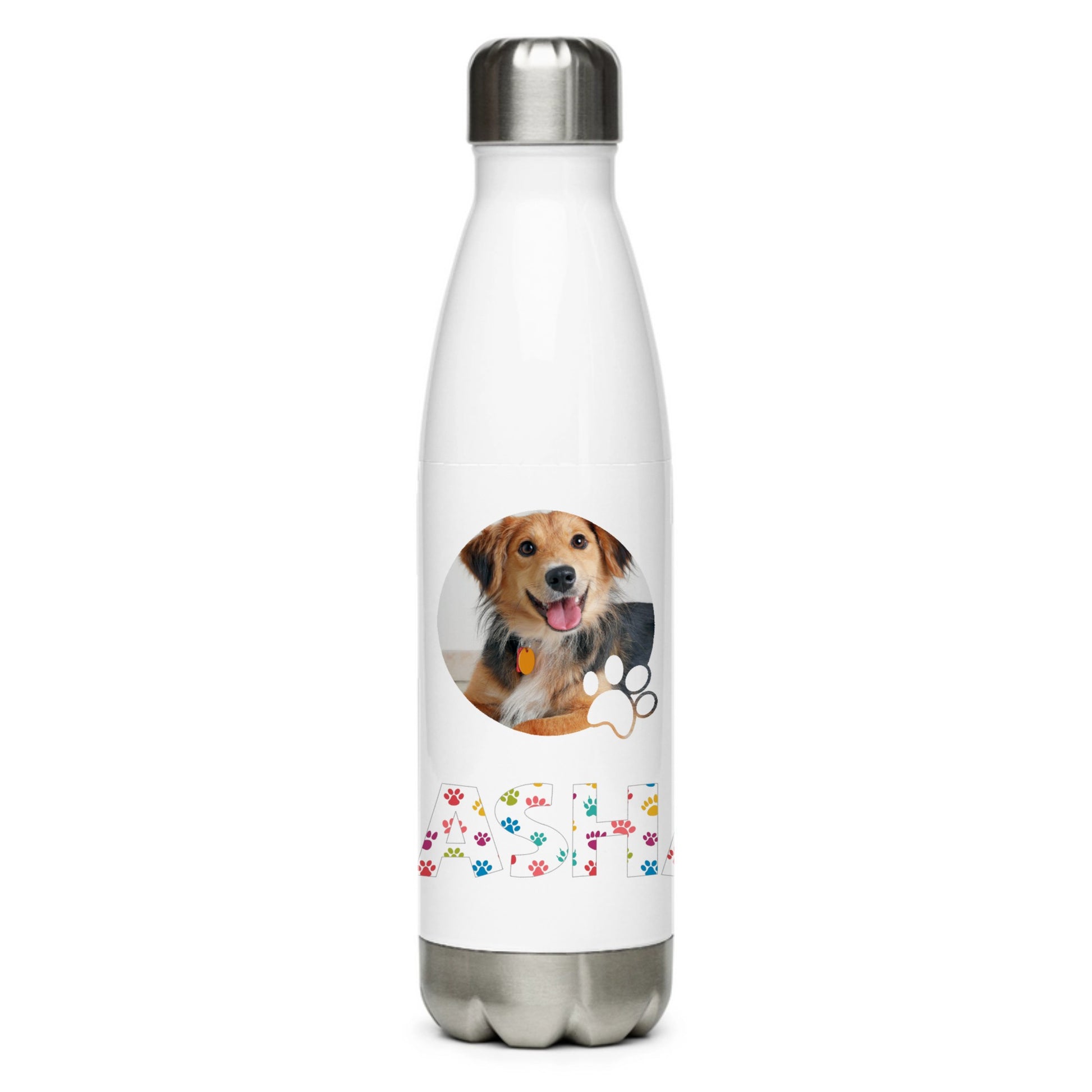 Personalised stainless steel 17-ounce water bottle.