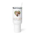 Personalized stainless steel travel mug with handle & lid.