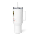 Personalized stainless steel travel mug with handle & lid.