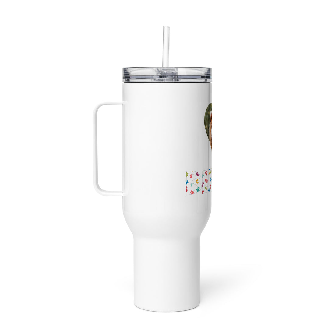 Personalized stainless steel travel mug with handle & lid.