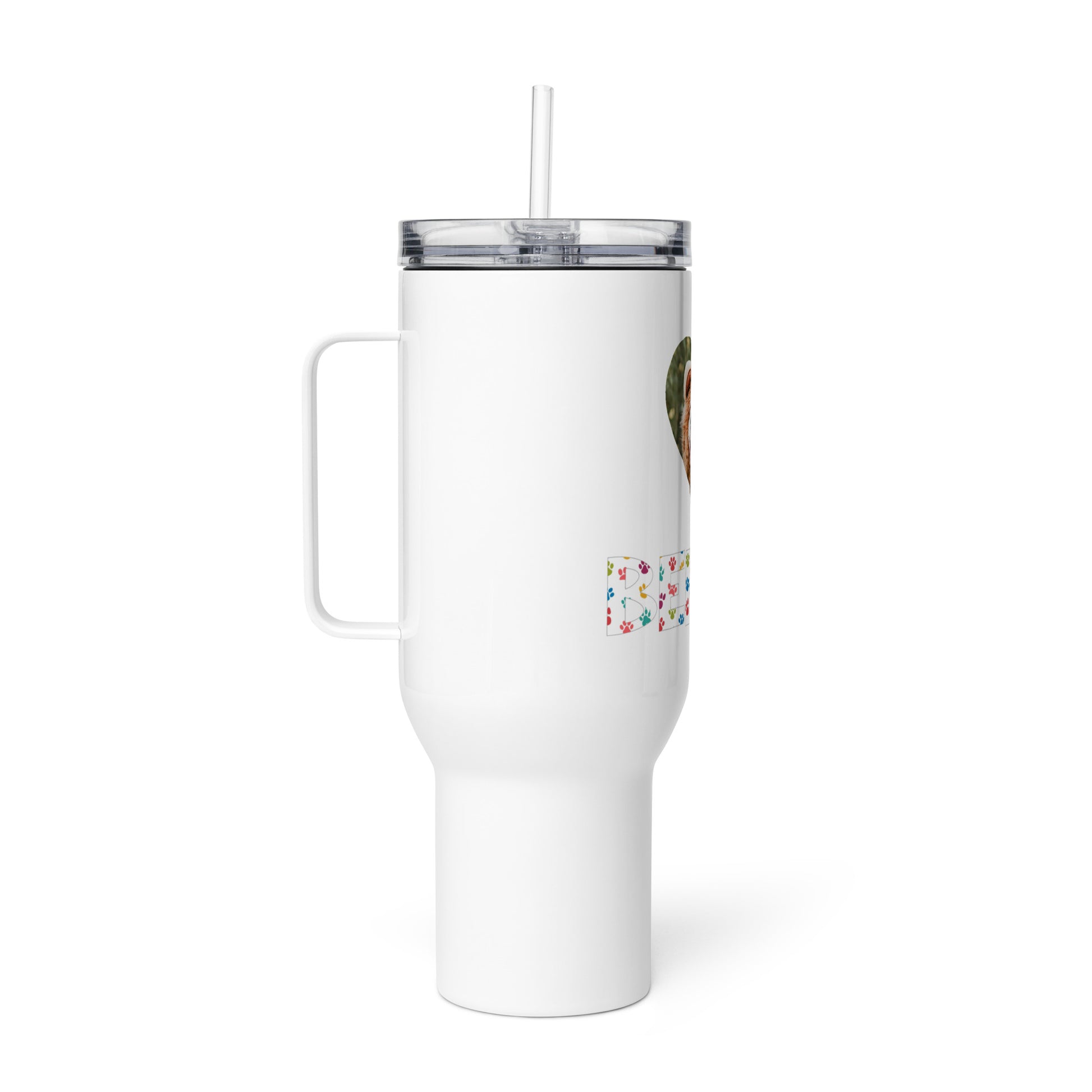 Personalized stainless steel travel mug with handle & lid.